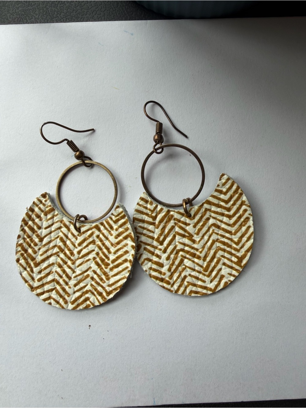 Handcrafted Gold Chevron Leather Hoop Earrings
